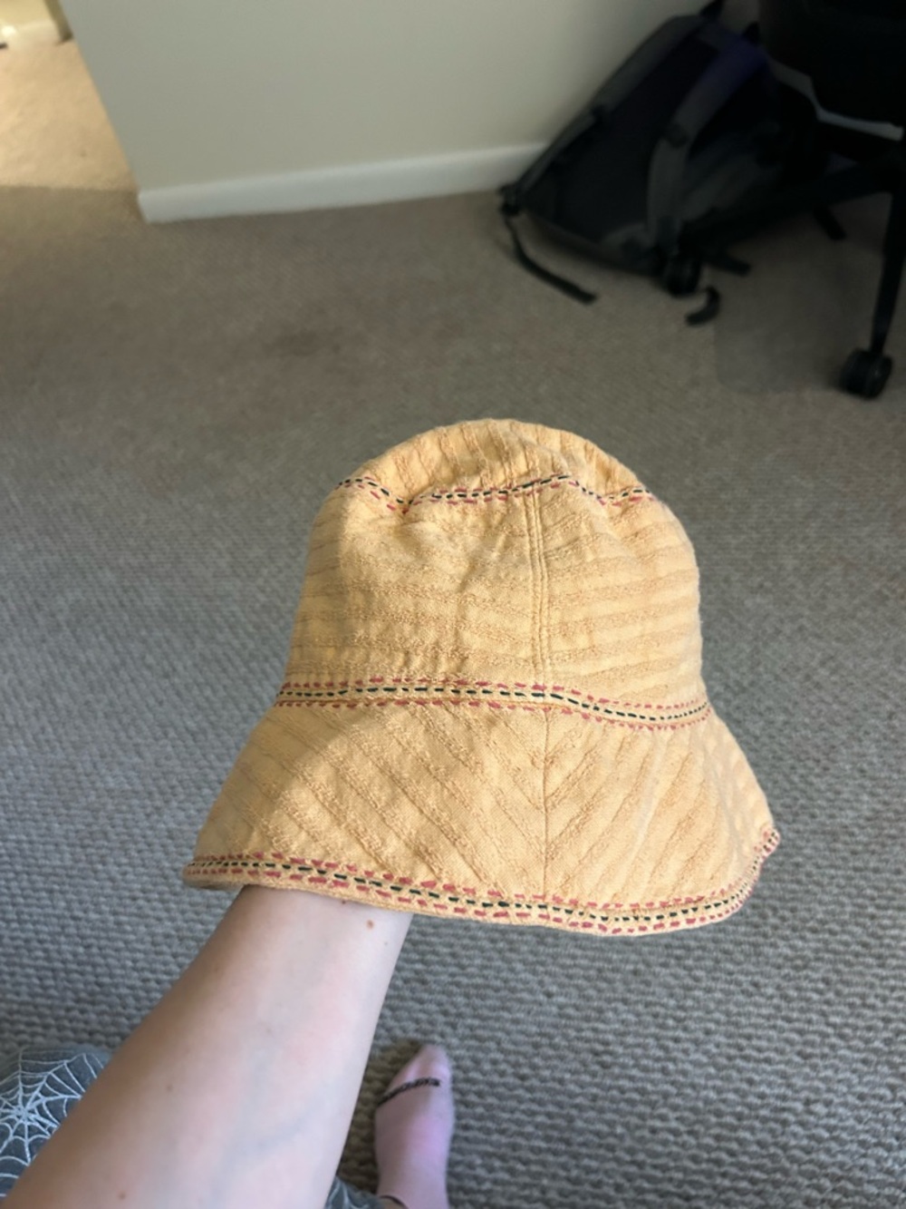 Yellow- orange Textured Bucket Hat with Contrast Stitching